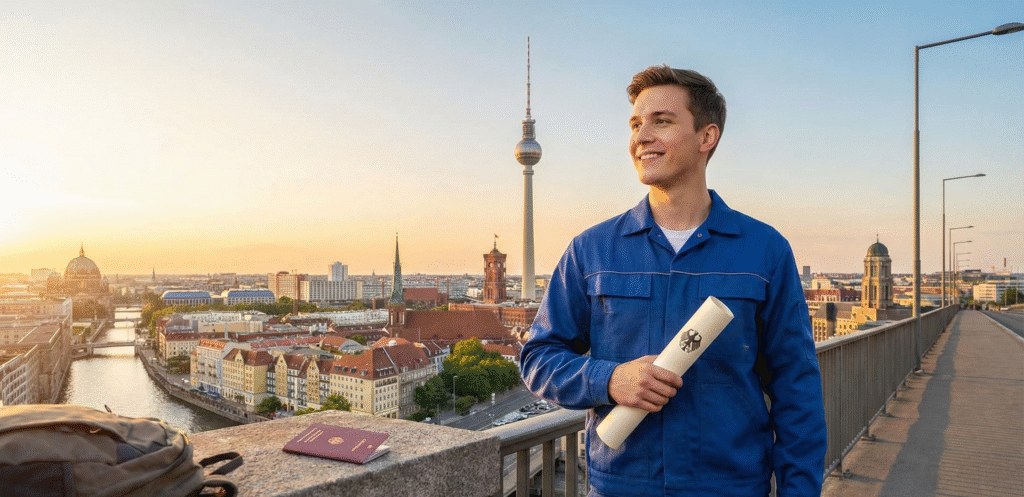 mesleki eğitim başvurularını elinde tutan almanya arkaplanlı bir erkek