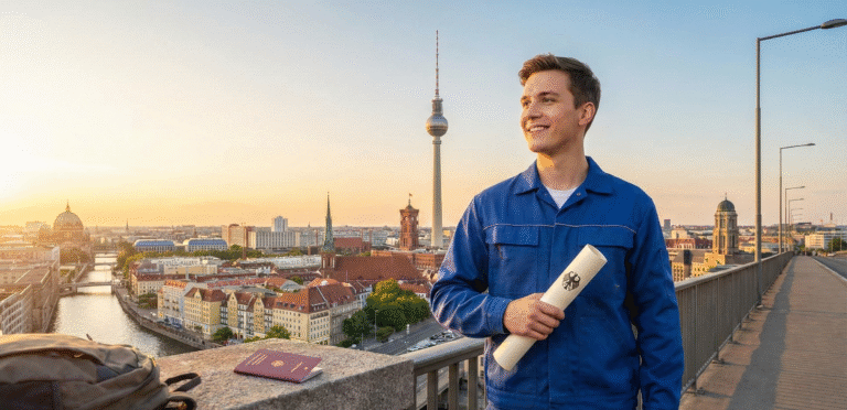 mesleki eğitim başvurularını elinde tutan almanya arkaplanlı bir erkek